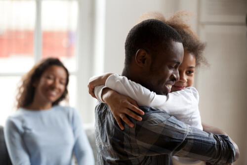 Wife and daughter happily welcome their father home